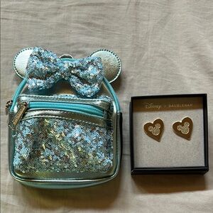 Disney loungefly Blue and Silver Sequin Mini Backpack and Disney earrings